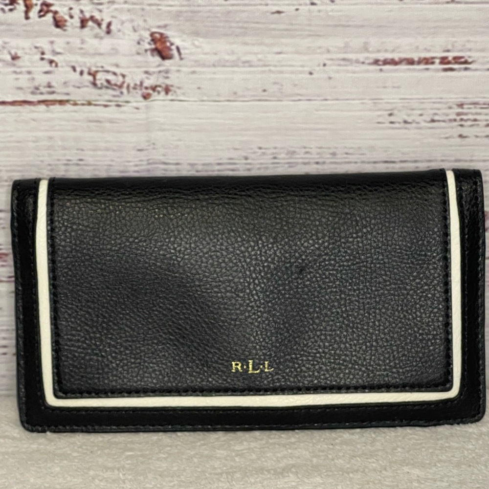 Lauren Ralph Lauren Leather Slim Snapped-Closure Wallet Black White‎ Gold